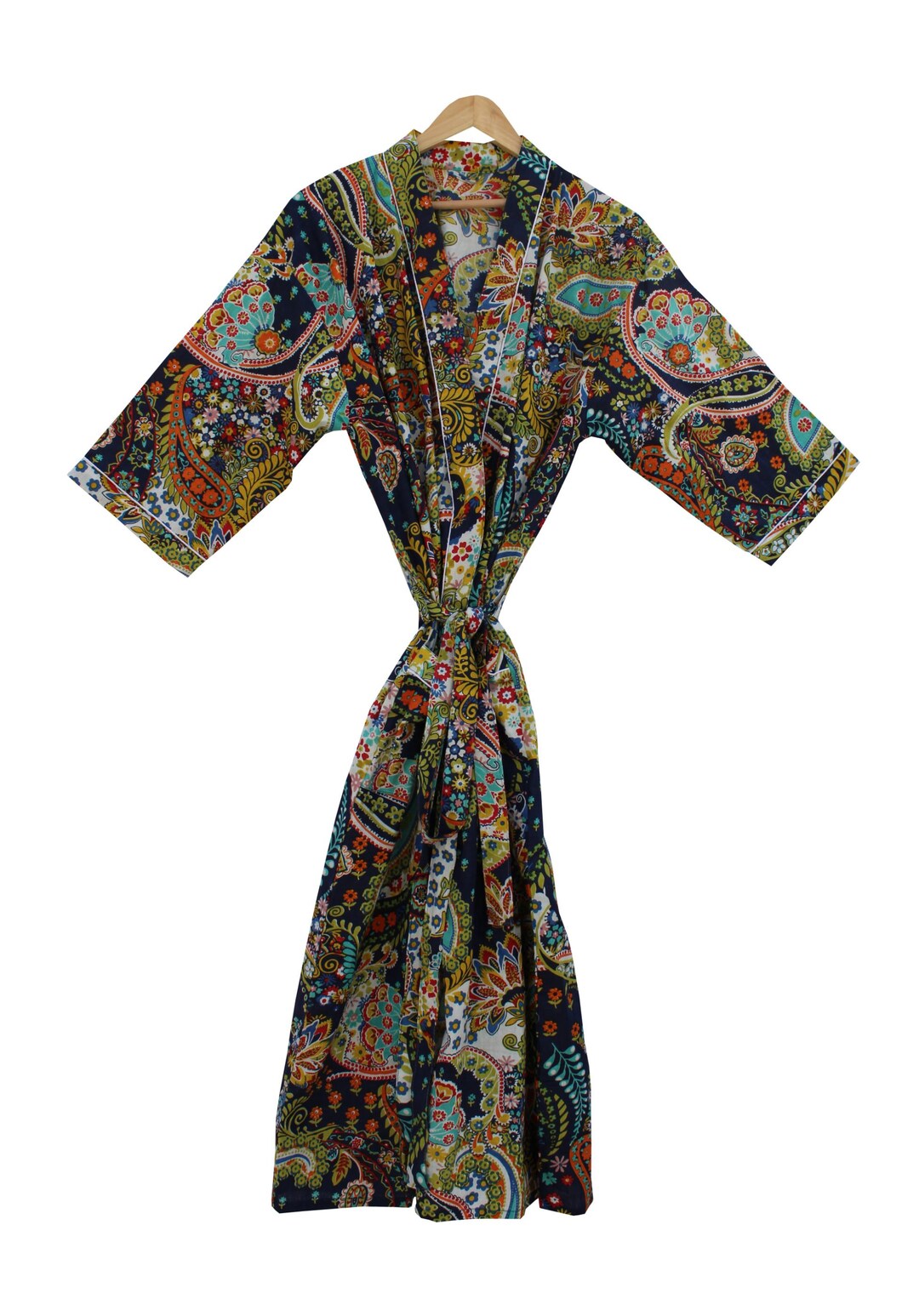 Bold Tiger Print Green Kaftan Dress – Handmade Cotton Kimono Maxi With Striped Yoke & Balloon Sleeves, Boho Beachwear & Lounge Robe