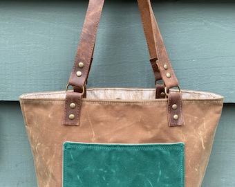 Waxed Canvas Tote - Saddle Brown with Green Pocket and Leather Straps