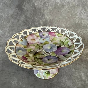 Skye McGhie Morning Glory Cake Plate, Dessert,Serving, Fine Porcelain, Pierced Border, Gold Gild Accents