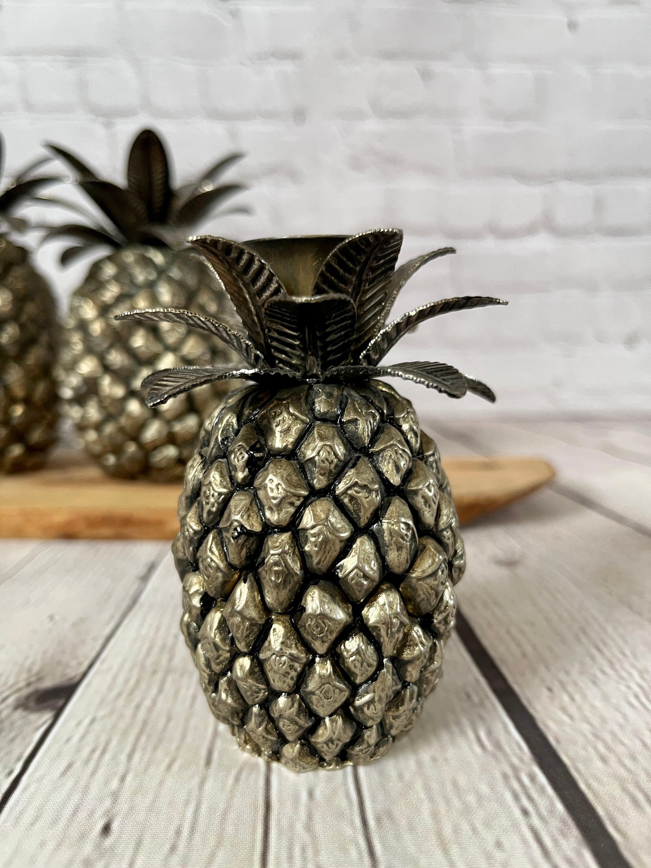 Set of 3 Godinger Metal Craft Pineapples Candle Holders Vintage Retro