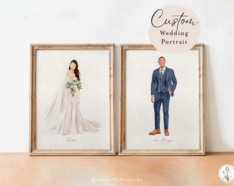 Pode incluir: Dois retratos de casamento personalizados em molduras douradas. O retrato à esquerda mostra uma noiva com um vestido de noiva branco segurando um buquê de flores. O retrato à direita mostra um noivo com um terno azul e colete. O texto "Forever" está escrito abaixo da noiva e "And Always" está escrito abaixo do noivo.