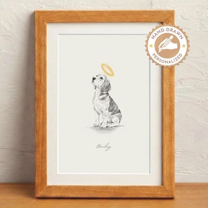 May include: A framed pencil sketch of a beagle with a halo above its head. The dog is sitting and looking upwards. The artwork is personalized with the name "Bailey" and is in a wooden frame.