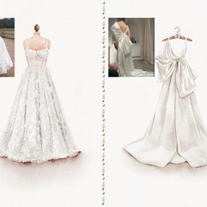 May include: Watercolor illustration of two white wedding dresses. One dress is on a mannequin, featuring a floral bodice and a full skirt. The other dress is on a hanger, with a large bow detail at the back and a flowing skirt. The dresses are elegant and romantic.