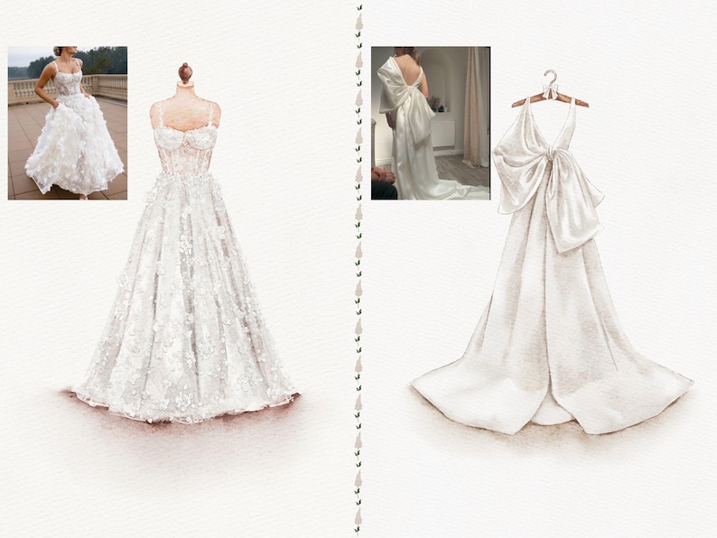 May include: Watercolor illustration of two white wedding dresses. One dress is on a mannequin, featuring a floral bodice and a full skirt. The other dress is on a hanger, with a large bow detail at the back and a flowing skirt. The dresses are elegant and romantic.