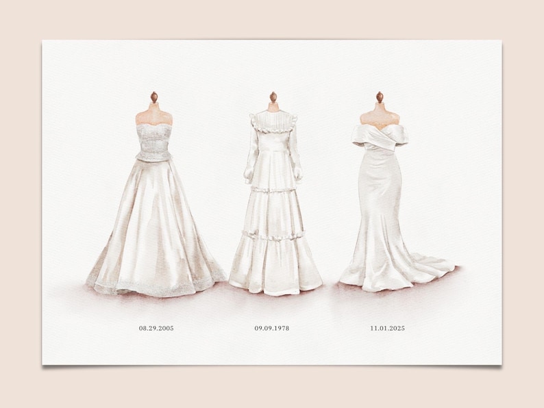 May include: Watercolor illustration of three white wedding dresses on dress forms. The dresses vary in style, from strapless to long-sleeved, with dates below each. The dates are 08.29.2005, 09.09.1978, and 11.01.2025.
