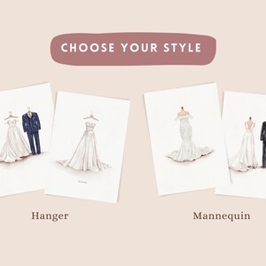 May include: Illustration featuring wedding dress and suit options. The options are displayed on cards with the text "Choose Your Style". The options include a dress on a hanger with a suit, a dress on a hanger, a dress on a mannequin, and a dress with a suit on a mannequin.