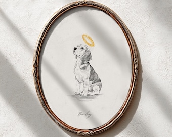 May include: An oval framed pencil sketch of a beagle dog with a gold halo above its head. The dog is sitting and looking upwards. The frame is gold with a decorative edge. The dog's name, "Bailey", is written below the dog.