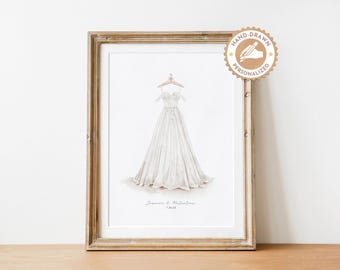 Custom Wedding Dress Illustration | Personalized Watercolor Couple Portrait | Valentine’s Day Gift for Wife, Hand-drawn wedding keepsake