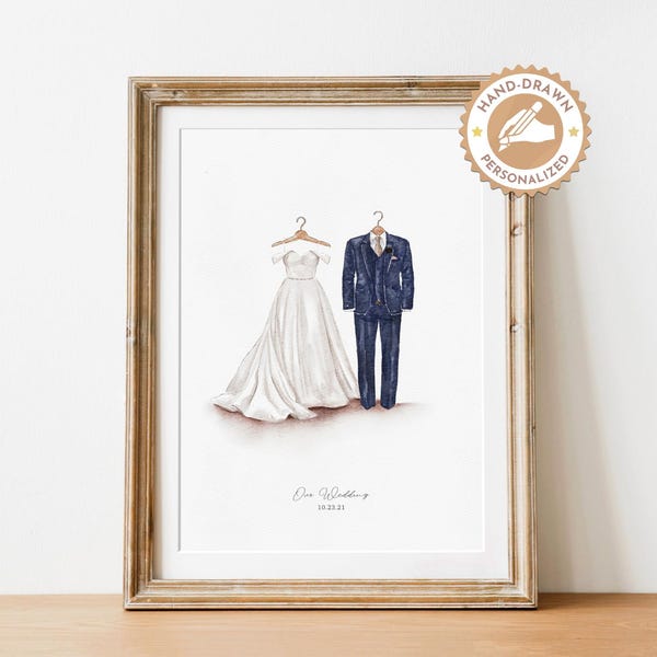 Custom Wedding Dress and Suit Illustration | Watercolor Couple Portrait | Paper Anniversary Gift for Wife | Wedding Keepsake | Wedding Gifts