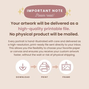 May include: A digital art print announcement with text in a soft, neutral color palette. The text states that the artwork will be delivered as a high-quality printable file, with no physical product mailed. Includes icons for download, print, and frame.