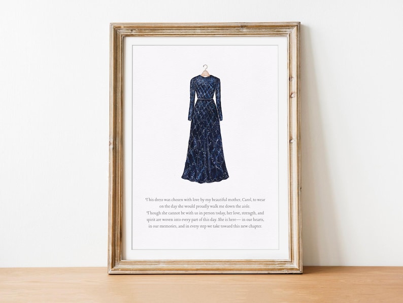 May include: A framed print featuring a navy blue, long-sleeved gown with a patterned design, hanging on a hanger. The artwork is set against a white background, within a wooden frame. Text is present at the bottom of the image.