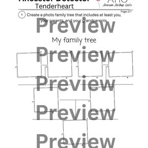 May include: A black and white printable family tree template with the text "Ancestor Detector Tenderheart" and "My family tree" with four blank spaces for photos.