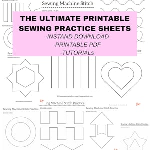 May include: Printable sewing practice sheets with diverse stitch patterns, such as straight lines, angles, curves, and shapes. Suitable for beginner and advanced sewing skills. The image includes the text "The Ultimate Printable Sewing Practice Sheets".