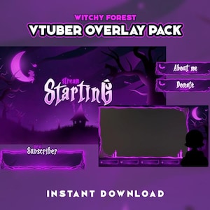 Può includere: Un pacchetto di overlay VTuber digitale con un tema della foresta delle streghe. Il design presenta una combinazione di colori viola con una luna crescente, alberi e il testo "Starting" e "Subscriber". Include i pulsanti "About me" e "Donate". Le parole "Instant Download" sono anche visibili.