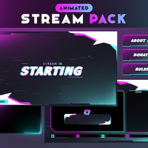 Cyberpunk Glitch Animated Stream Package | Overlays, Alerts, Screens, Panels, Chatbox, Transition | Pink and Blue