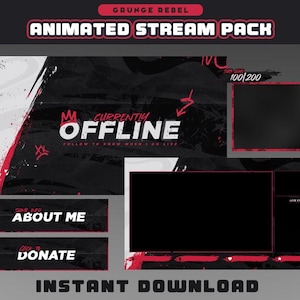 May include: Animated stream pack with a grunge rebel theme. The pack includes an offline screen, a live stream screen, a chat screen, and two panels for about me and donate. The screens are black with red accents and white text. The text on the offline screen says "Currently Offline".