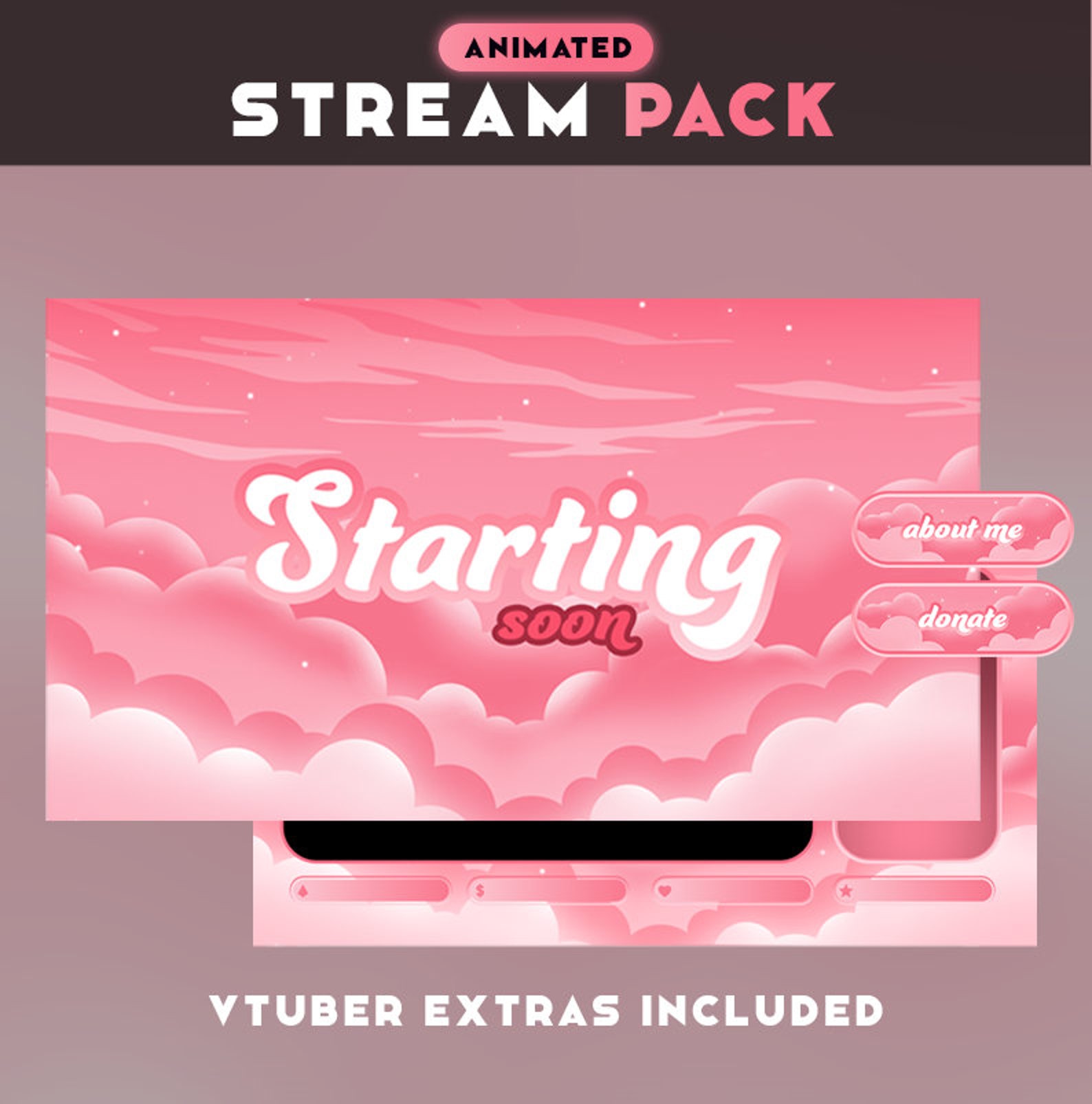 Pink Clouds Animated Stream Overlay Pack - Animated Twitch Stream ...
