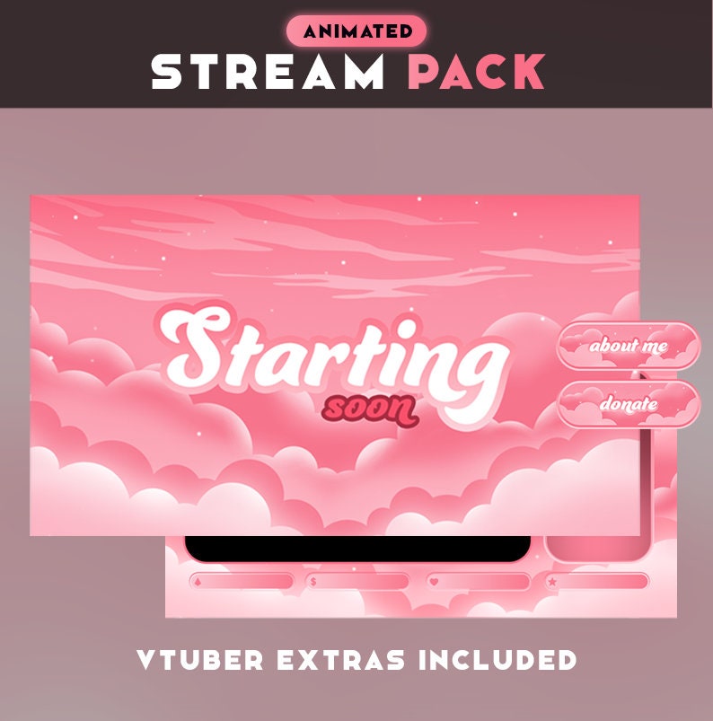 Pink Clouds Animated Stream Overlay Pack -  Animated Twitch Stream Screens | Twitch Stream Screens, Animated Screens | VTuber Overlay