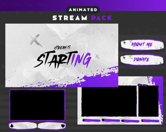 Paquete de superposición de transmisión animada Purple Grunge / Superposición de transmisión animada / Pantalla / Twitch / Borde de cámara web / Escena / Alertas / Paneles /