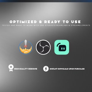 May include: This graphic design is optimised and ready to use, tested and made to work with OBS Studio, Streamlabs, and StreamElements. It features a rocket ship launching, a black and white logo with three circles, and a teal blue app icon with a white microphone and two white dots. The text "High Quality Designs" and "Instant Download Upon Purchase" are also included.