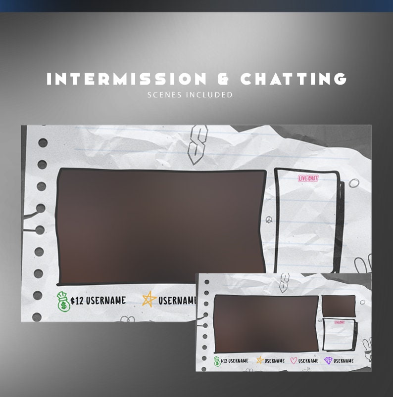 May include: A digital illustration of a crumpled piece of notebook paper with a live chat window and a video game screen. The paper has a black and white checkered pattern and the text "INTERMISSION & CHATTING" is at the top. The text "LIVE CHAT" is in a pink box on the right side of the image. The video game screen is black and has a white border. The text "&pound;12 USERNAME" is in a green box on the bottom left of the image. The text "USERNAME" is in a yellow box on the bottom right of the image.