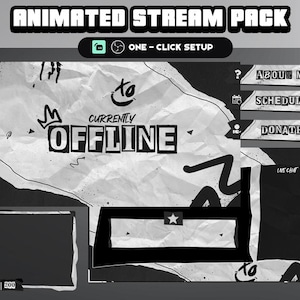 May include: Black and white animated stream pack with the text "ANIMATED STREAM PACK" at the top. The pack includes "ONE - CLICK SETUP" instructions, "ABOUT ME", "SCHEDULE", and "DONATE" buttons, and a "LIVE CHAT" section. The main graphic says "CURRENTLY OFFLINE".
