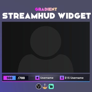 Pode incluir: Uma sobreposição digital para streaming ao vivo, com uma área de perfil de usuário cinza escuro e uma barra inferior exibindo um indicador de progresso, nome de usuário e uma etiqueta de preço. O texto "STREAMHUD WIDGET" é exibido na parte superior, com "GRADIENT" acima.
