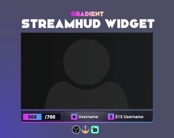 Könnte beinhalten: Ein digitales Overlay für Live-Streaming, mit einem dunkelgrauen Benutzerprofilbereich und einer unteren Leiste mit Fortschrittsanzeige, Benutzernamen und Preisschild. Der Text "STREAMHUD WIDGET" ist oben zu sehen, mit "GRADIENT" darüber.