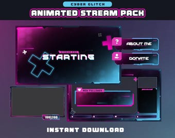Blue & Pink Cyberpunk Animated Stream Package | Twitch Overlay, Alerts, Screens, Panels, Chatbox, Transition | stream package minimalist |