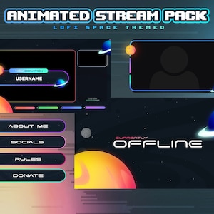 Lo-fi Space Animated Twitch Pack / Lo-fi Space Streamer Package / Superposiciones, escenas, transiciones, paneles, alertas, borde de cámara web