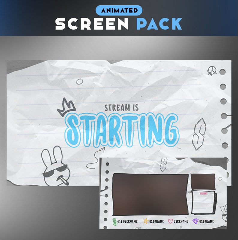 May include: Animated Twitch stream screen pack with a crumpled paper background. The text "STREAM IS STARTING" is in blue on a white background. The screen pack includes a webcam frame, a chat box, and a donation alert.