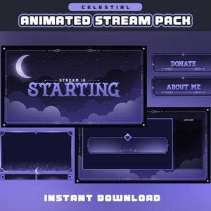 Celestial Purple Animated Stream Overlay Pack/Animated Stream Overlay/Screen/Twitch/Webcam Border/Scene/Alerts/Panels/