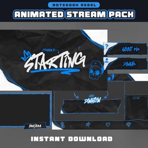 Black & Blue Vandalism Animated Stream Package | Twitch Overlay, Alerts, Screens, Panels, Chatbox, Transition | stream package minimalist |