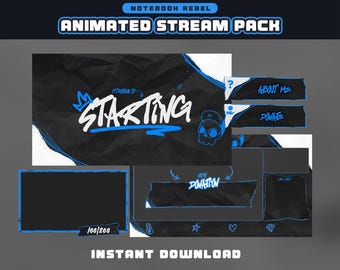 Black & Blue Vandalism Animated Stream Package | Twitch Overlay, Alerts, Screens, Panels, Chatbox, Transition | stream package minimalist |