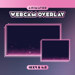 Puede incluir: Superposición de cámara web animada con un borde rosa y un fondo brillante. La superposición incluye dos marcos, uno para una relación de aspecto de 16:9 y otro para una relación de aspecto de 4:3. El texto "ANIMATED WEBCAM OVERLAY" se muestra en la parte superior de la imagen.