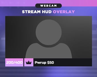 May include: A black webcam overlay with a gray silhouette of a person in the center. The overlay has a pink and purple gradient background with a white text overlay that says "Webcam" and "Stream HUD Overlay". The bottom of the overlay has a pink bar with the text "200/400" and a crown icon. Next to the crown icon is a black bar with the text "Pwrup $50".