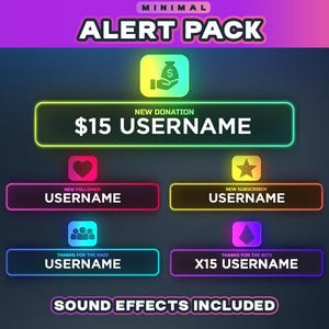 Peut inclure: Un ensemble d'alertes animées pour les streamers Twitch, avec des cadres aux couleurs néon et des icônes pour les nouveaux dons, les nouveaux abonnés, les nouveaux abonnés et les raids. Le texte "$15 USERNAME" est affiché dans un cadre vert avec une icône de sac d'argent. Le texte "USERNAME" est affiché dans des cadres de différentes couleurs avec des icônes pour un cœur, une étoile, un groupe de personnes et un diamant. Le texte "EFFETS SONORES INCLUS" est affiché en bas de l'image.