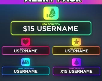 May include: A set of animated alerts for Twitch streamers, featuring neon-colored frames with icons for new donations, followers, subscribers, and raids. The text "$15 USERNAME" is displayed in a green frame with a money bag icon. The text "USERNAME" is displayed in various colored frames with icons for a heart, a star, a group of people, and a diamond. The text "SOUND EFFECTS INCLUDED" is displayed at the bottom of the image.