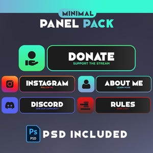 Peut inclure: Un pack de panneaux numériques au design minimaliste. Le pack comprend des boutons pour "Donate", "Instagram", "Discord", "About Me" et "Rules". Le design présente un dégradé de couleurs et le texte "PSD Included".