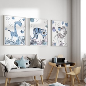 Conjunto de impressão de berçário Safari, estampa de animal de parede de selva, berçário azul, berçário Safari, girafa, zebra, tigre, impressão digital, arte de parede digital