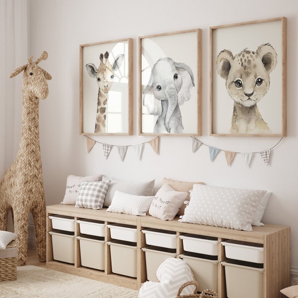 Ensemble d'impressions d'animaux Safari, chambre d'enfant jungle, chambre de bébé neutre, mur de chambre de bébé Safari, girafe, éléphant, lion, impression numérique, art mural numérique