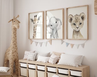 Ensemble d'impressions d'animaux Safari, chambre d'enfant jungle, chambre de bébé neutre, mur de chambre de bébé Safari, girafe, éléphant, lion, impression numérique, art mural numérique