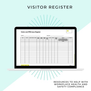 Op de afbeelding: Een laptop toont een formulier "Bezoekers- en PBM-uitgifte". Het formulier bevat velden voor bezoekersinformatie, veiligheidsuitrusting en tijdregistraties. De tekst "VISITOR REGISTER" staat bovenaan, met "RESOURCES TO HELP WITH WORKPLACE HEALTH AND SAFETY COMPLIANCE" onderaan.
