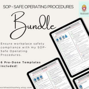 May include: A digital image of a computer screen displaying a bundle of six pre-done safety operating procedure templates. The text "SOP-SAFE OPERATING PROCEDURES Bundle" is displayed at the top of the image. The text "Ensure workplace safety compliance with my SOP-Safe Operating Procedures." is displayed below the bundle. The text "6 Pre-Done Templates included!" is displayed below the text. The text "workhealthsafety.etsy.com" is displayed at the bottom of the image.