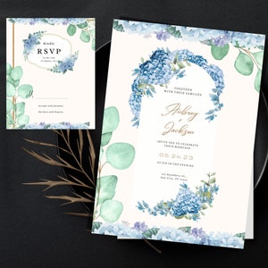 Blue Hydrangea ,eucalyptus, pink, white,Wedding/Save the Date Invitation,R.S.V.P ,Personalize, Digital Invitation, Wedding Bundle