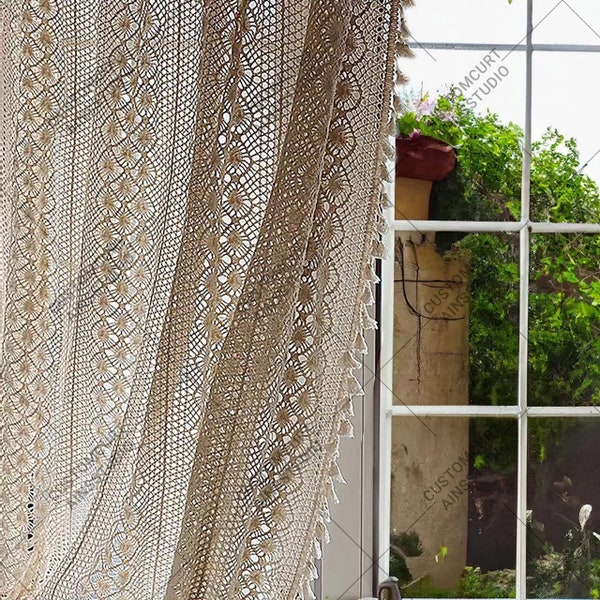Vintage Crochet Lace Curtains,Farmhouse Cotton Hollow Sheer Curtain Panels,Rod Pocket Light Filtering Drapes for Sliding Glass Door