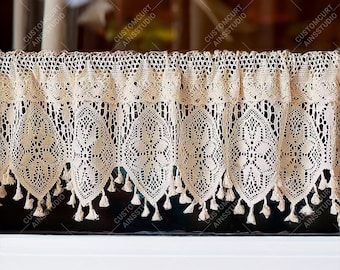 Beige Crochet Short Curtain For Cabinet,Florals Cafe Curtain with Tassel