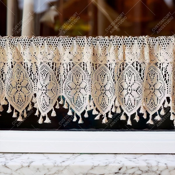 Beige Crochet Short Curtain For Cabinet,Florals Cafe Curtain with Tassel