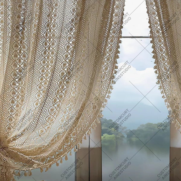 Boho Crochet Curtain,Farmhouse Hollow Sheer Curtain Panels for Window Treatment, Rod Pocket Light Filtering Cotton Drapes for Bedroom