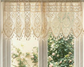 Elegant Crochet Cabinet Curtain,Florals Valance Curtain with Tassel